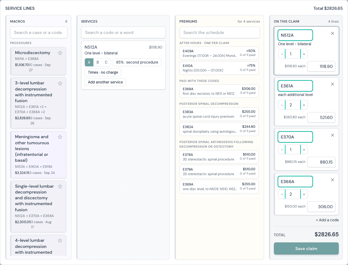 The four-column claim form: macros, services, the premium column reading the schedule, and the claim with its total