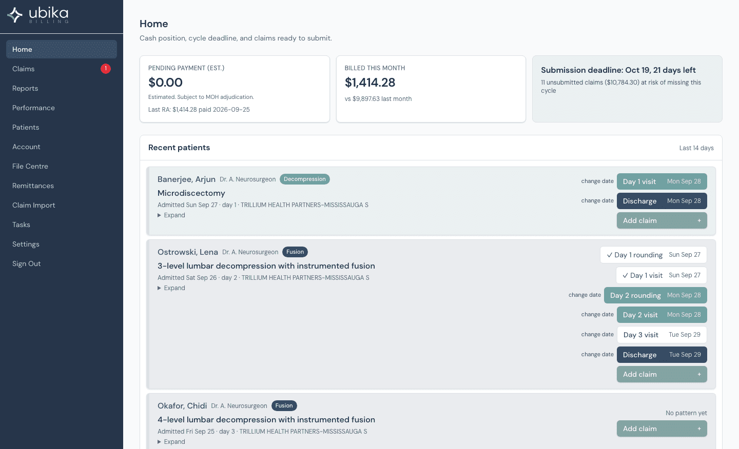 The home page: cash position, amount billed this month, the submission deadline, and recent patients with the next rounding or discharge day