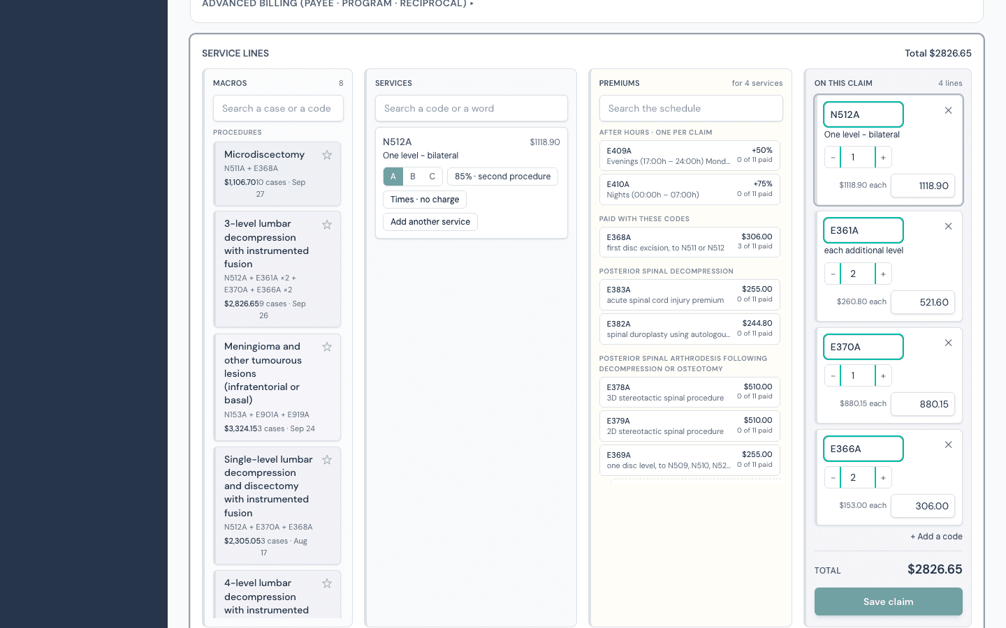 The macros column: code sets from paid claims, each named in plain words, with its codes, case count and last date