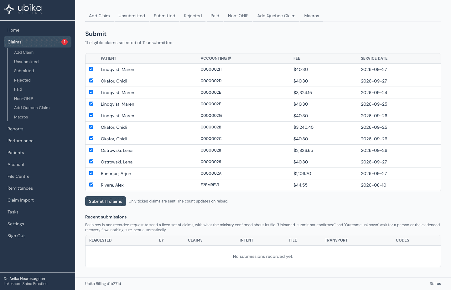 The submit screen: claims selected to send, a submit control, and the recent submissions table