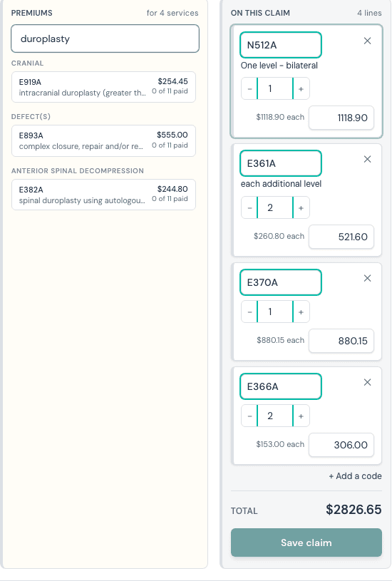The premium search returning duroplasty add-ons from three sections of the schedule, beside the claim